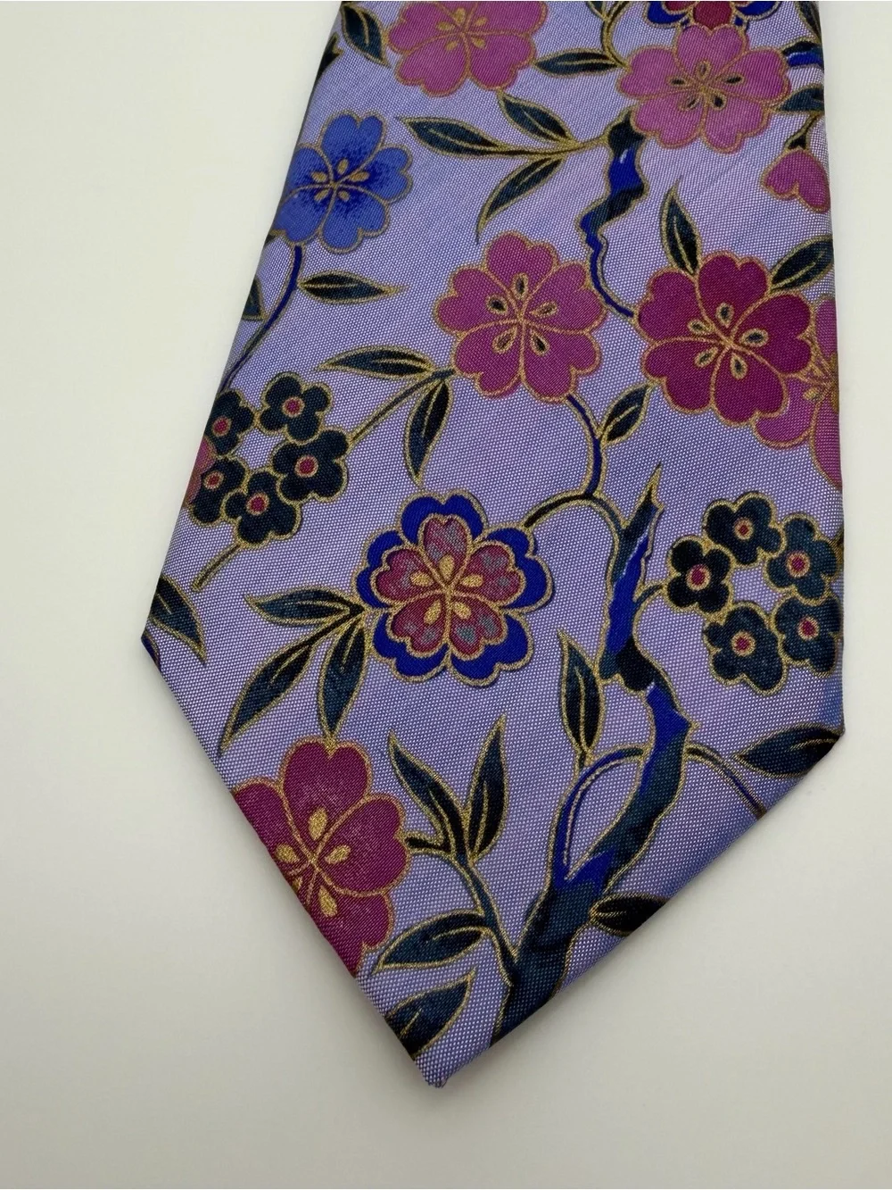 Men's Floral Silk Tie Lavender with Pink and Blu 100% Silk Handmade in Thailand